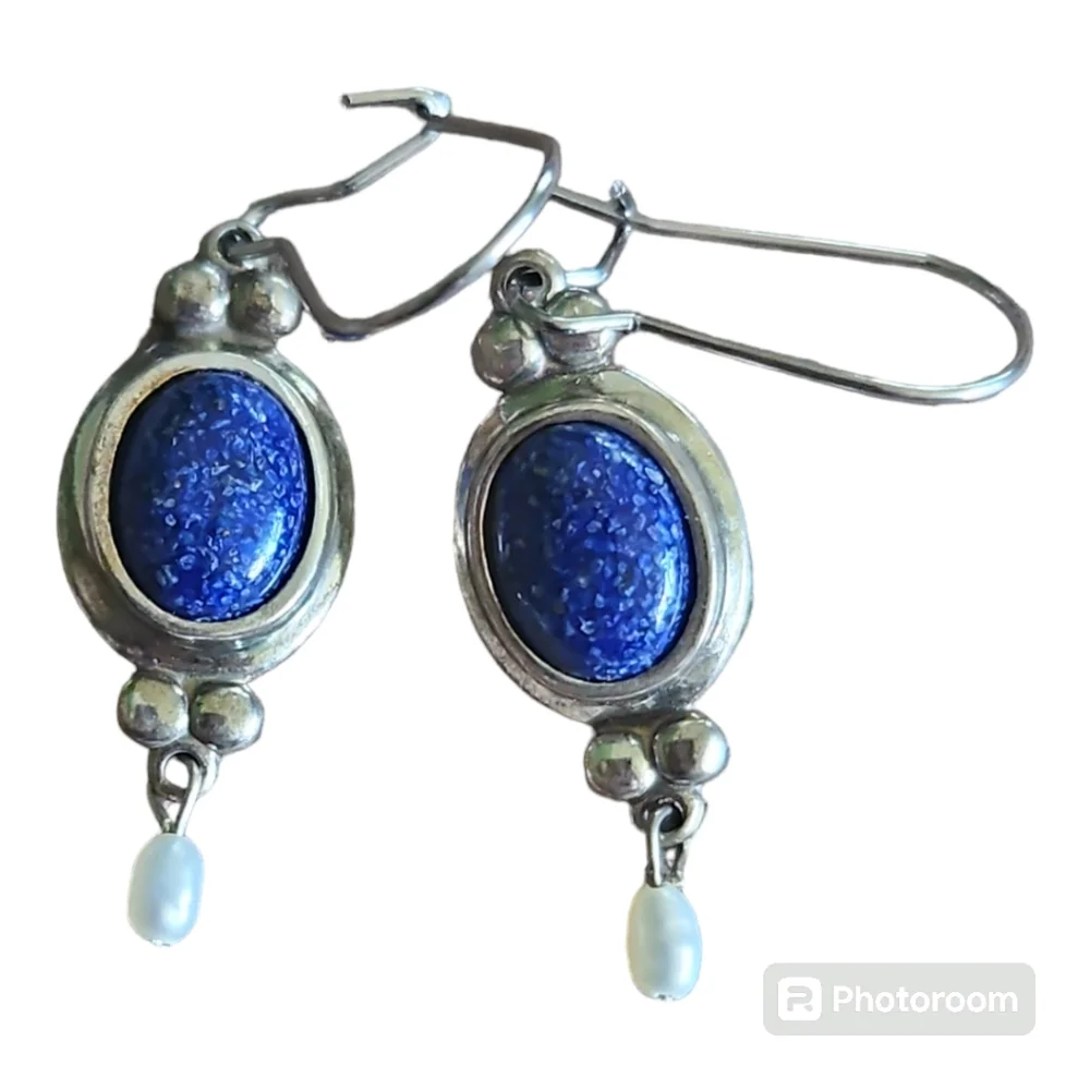 Lapis, Sterling Silver, Freshwater Pearl Drop Earrings - Picture 4 of 4